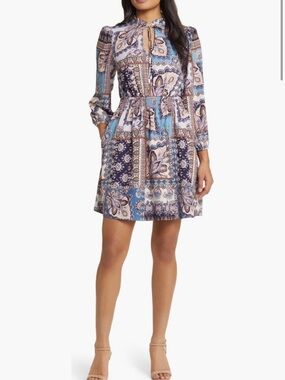 Vince Camuto Paisley Patchwork Long-Sleeve Mini Dress